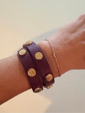 Tory Burch Plum Leather Double Wrap Bracelet with Gold Logo Studs